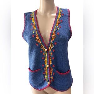 Vintage Additions by IVY Silk Blend Colorful Beaded Vest Blue Red Yellow-S